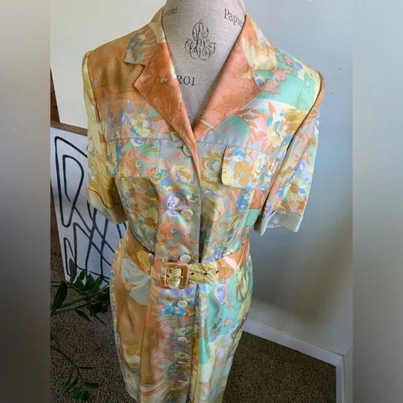 Vtg Louis Feraud 100% Silk Midi Dress Abstract Wearable Artsy sz 10 Belted Boho - Picture 1 of 16